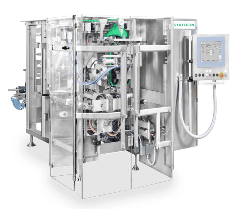 Vertical bagging machine SVE DoyZip for premium stand-up pouches, shown with touchscreen control panel.