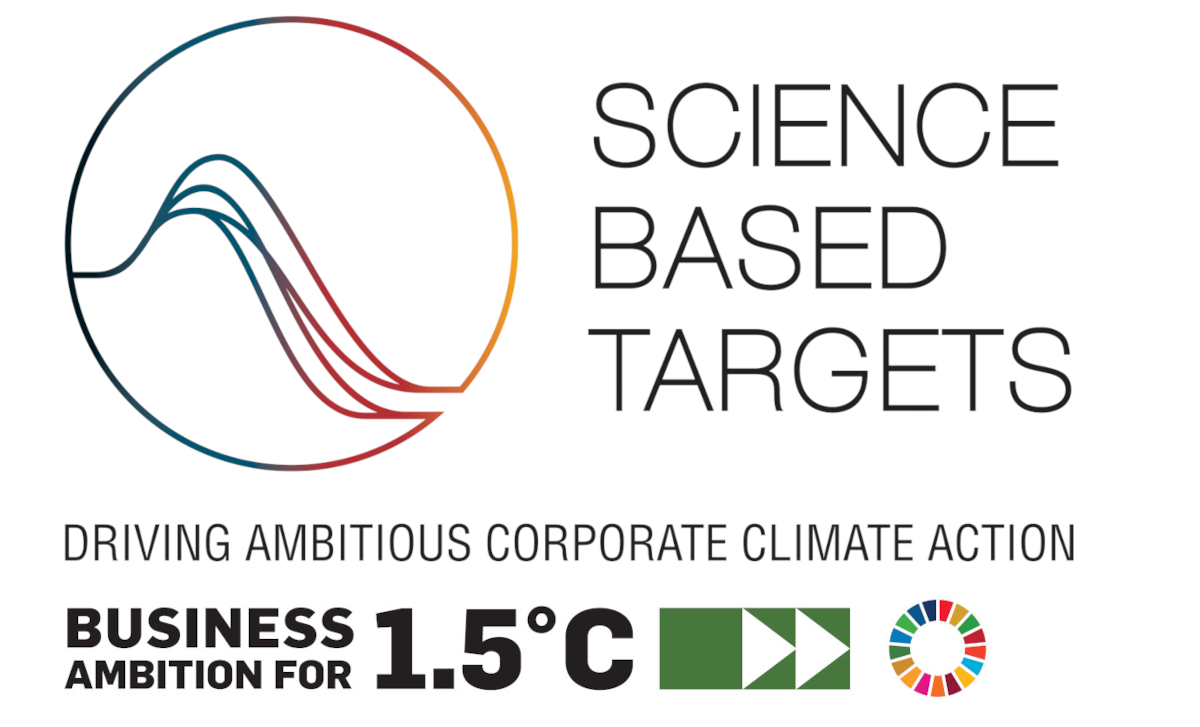 Science Based Targets logo with the tagline 'Driving Ambitious Corporate Climate Action' and 'Business Ambition for 1.5°C' emphasizing climate goals.