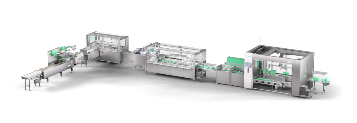 Turnkey packaging system for waffles: Advanced gentle stacking, reliable flow wrapping, flexible collation and efficient endload cartoning into retail-ready boxes – tailored for mid-speed production.