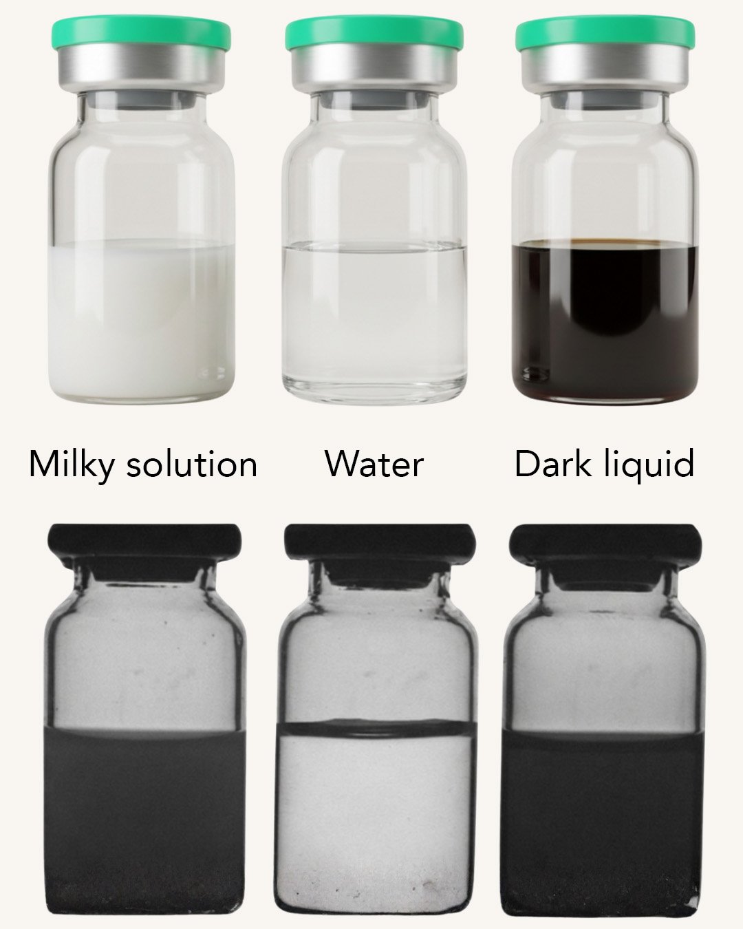 Milky solution, water and dark liquid comparison