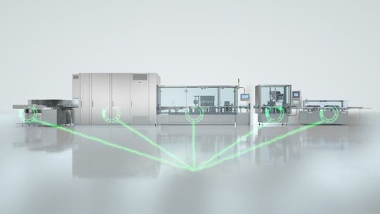 Advanced automation controls displayed on a pharmaceutical RTU filling line for efficient and precise production processes