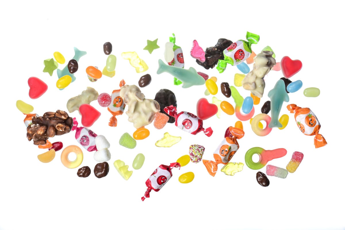 Assortment of colorful candy and sweets representing packaged confectionery products.
