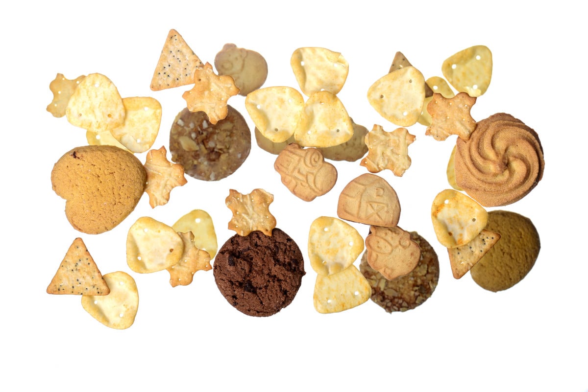 Assorted cookies and crackers highlighting safe packaging of baked goods.