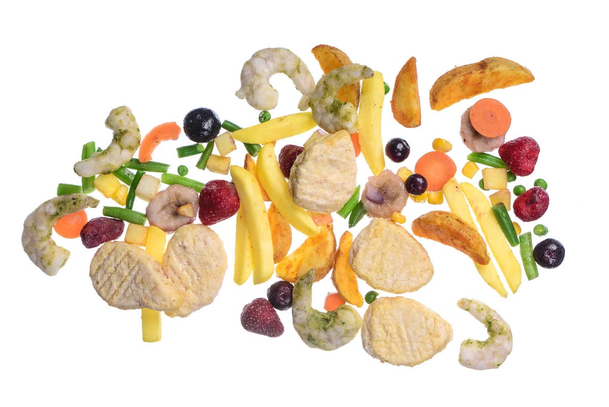 Mixed frozen vegetables, seafood, and potato products, symbolizing hygienic food packaging.