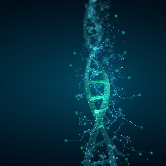 Digital visualization of a DNA double helix with glowing connection nodes representing biotechnology and innovation