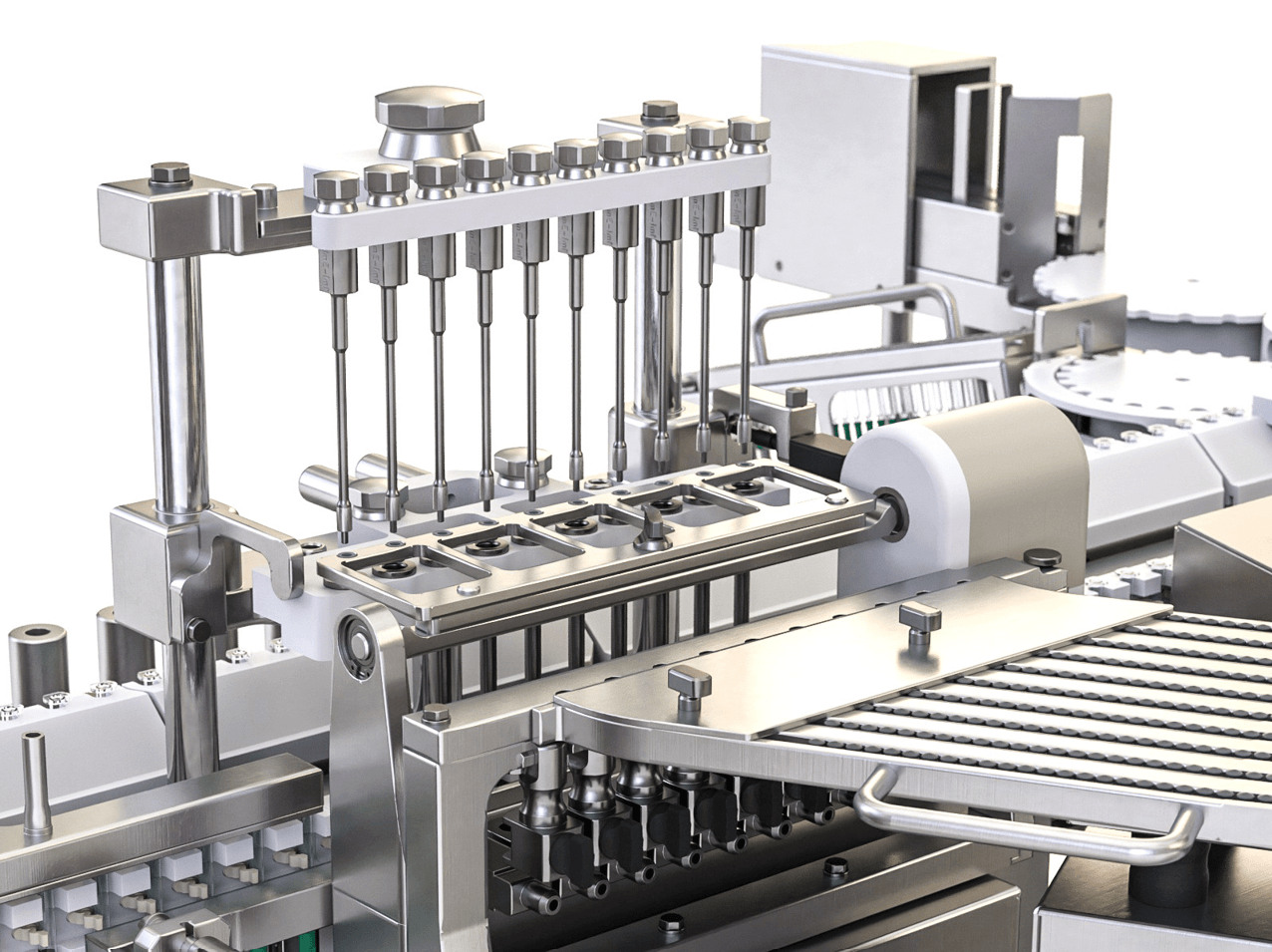 Glass pharmaceutical cartridges moving through an automated processing machine.