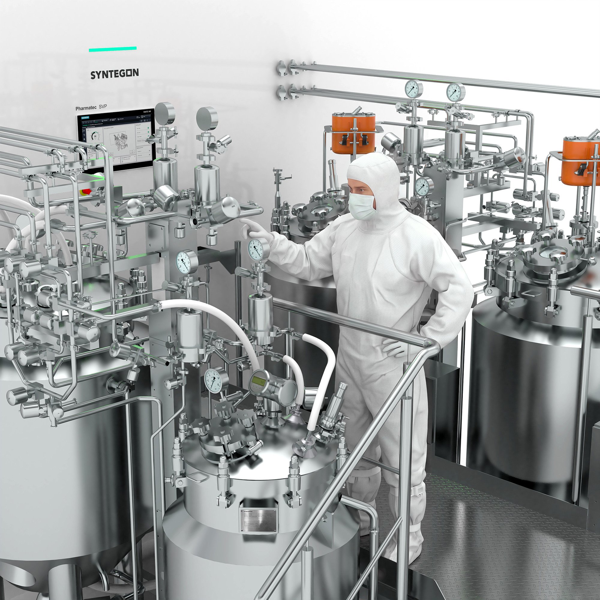 Operator in cleanroom suit supervising Syntegon SVP pharmaceutical formulation system with stainless steel vessels, piping and automation interface.