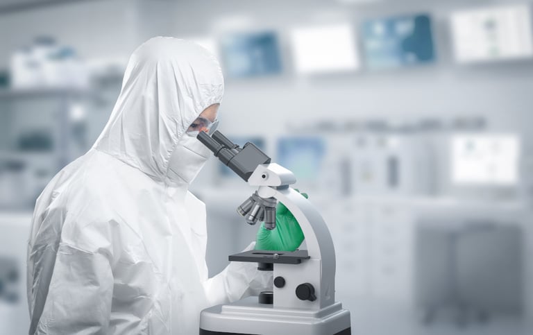 Syntegon scientist using microscope in lab