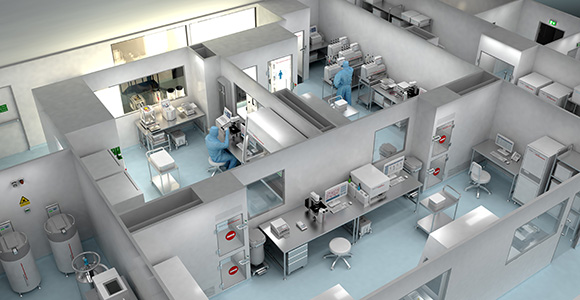 3D illustration of a cleanroom production facility for cell and gene therapies with isolated workstations and equipment
