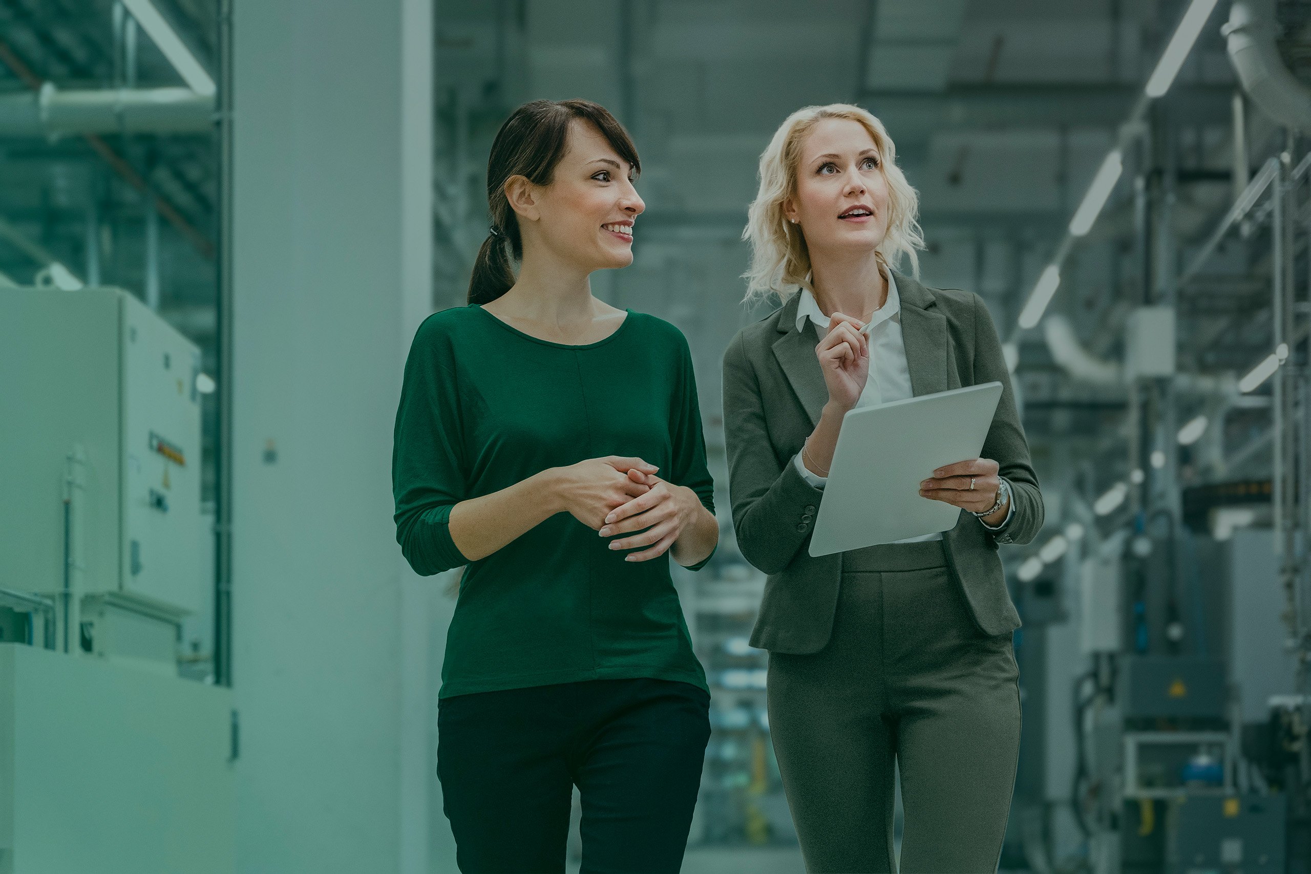 Businesswoman working with colleague in modern factory.