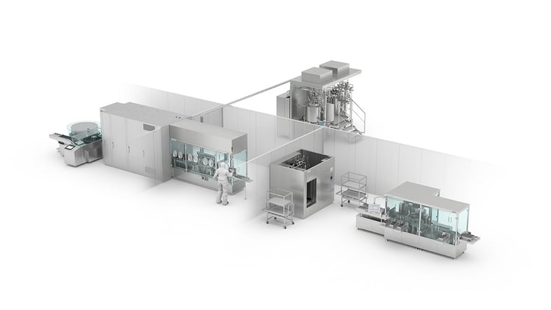 Complete pharmaceutical ampoule processing line featuring formulation, sterilization, filling, and inspection systems, including an integrated ampoule filling machine for aseptic drug production.
