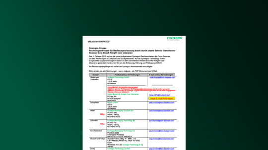 Rechnungsadressen für Rechnungserfassung durch unseren Service-Dienstleister Basware  