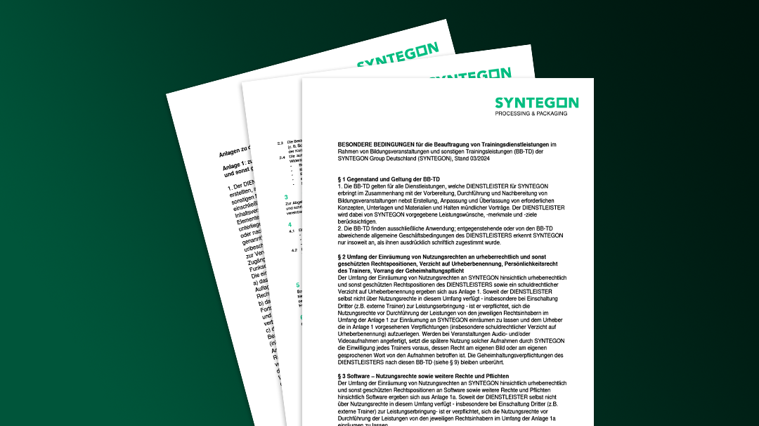 Besondere Bedingungen für die Beauftragung von Trainingsdienstleistungen im Rahmen von Bildungsveranstaltungen und Sonstigen Trainingsleistungen (BB-TD) der Syntegon Group Deutschland