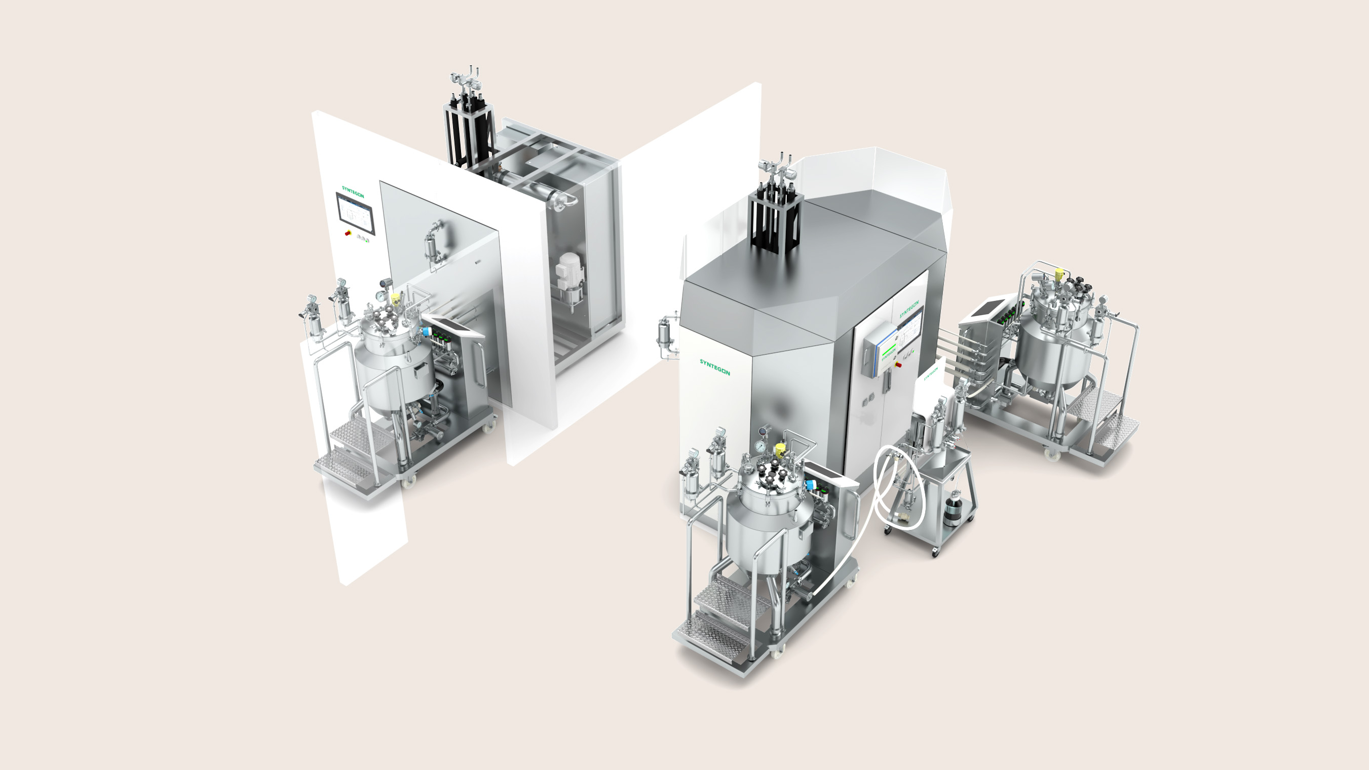 Flexible pharmaceutical formulation platform with modular skids arranged around a central technical area
